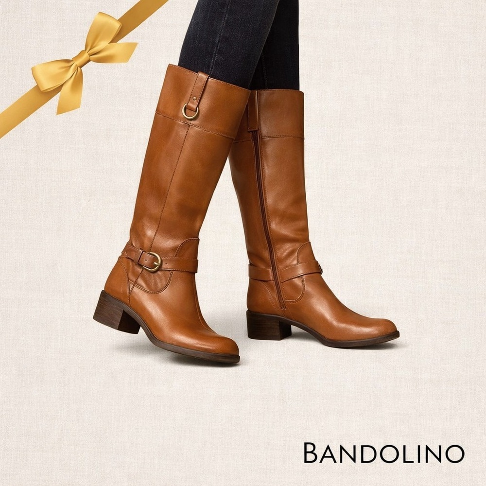 Bandolino Chamber Leather 1.5” Stack Heeled Boots Cognac Light Brown Size 9